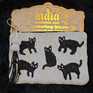 Beaded Cat Pattern Pouch with Tassel